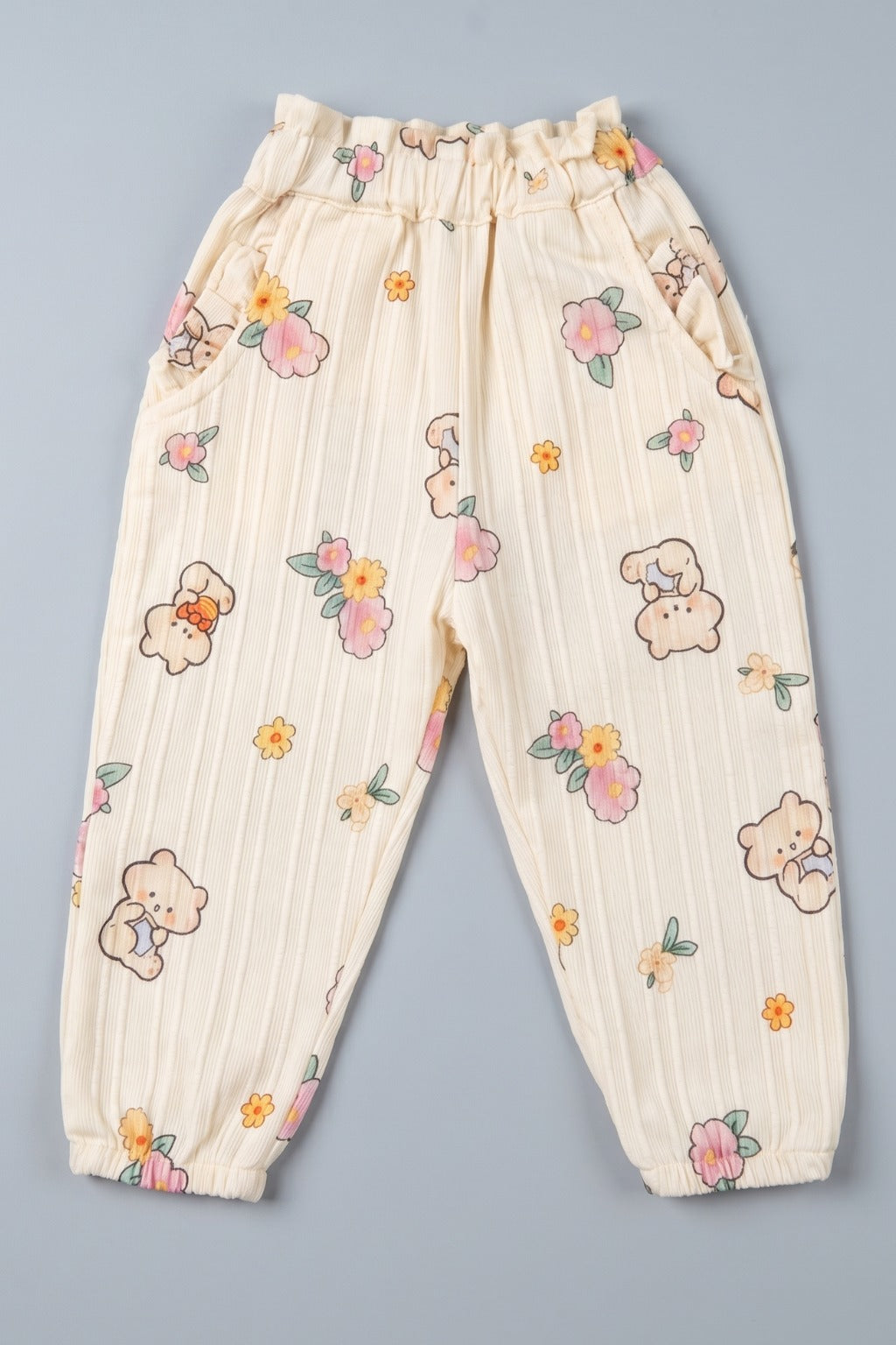 Light Yellow Teddy Bear Print Pocket Pajama For Girls