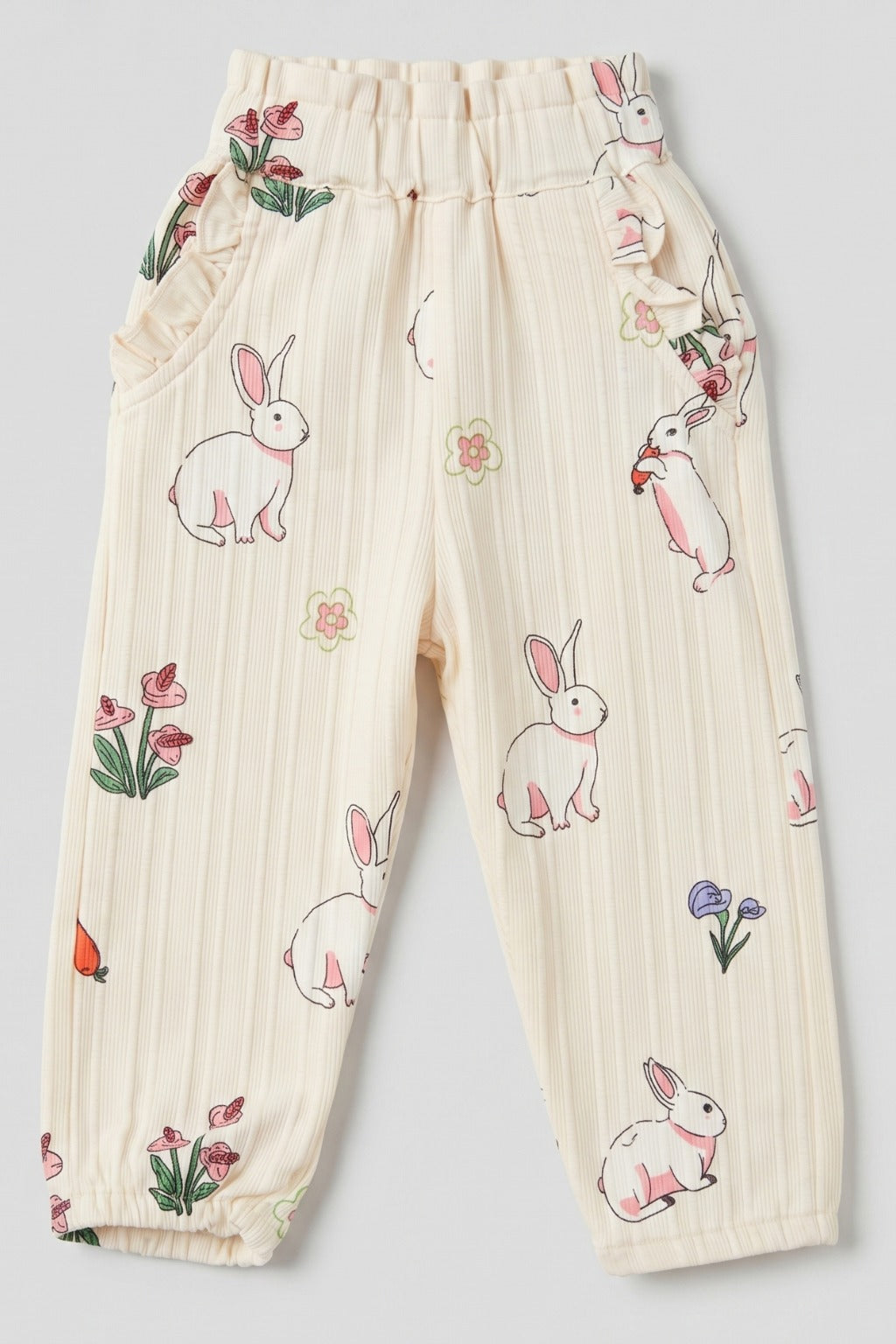 Cream Rabbit Print Pocket Pajama For Girls