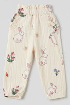 Cream Rabbit Print Pocket Pajama For Girls