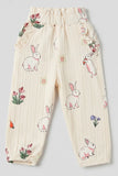 Cream Rabbit Print Pocket Pajama For Girls