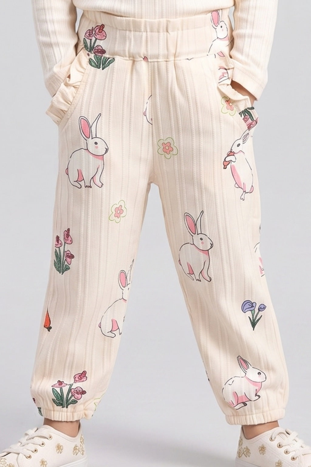 Cream Rabbit Print Pocket Pajama For Girls