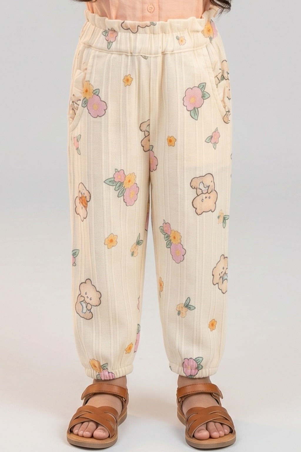 Light Yellow Teddy Bear Print Pocket Pajama For Girls Secondary image