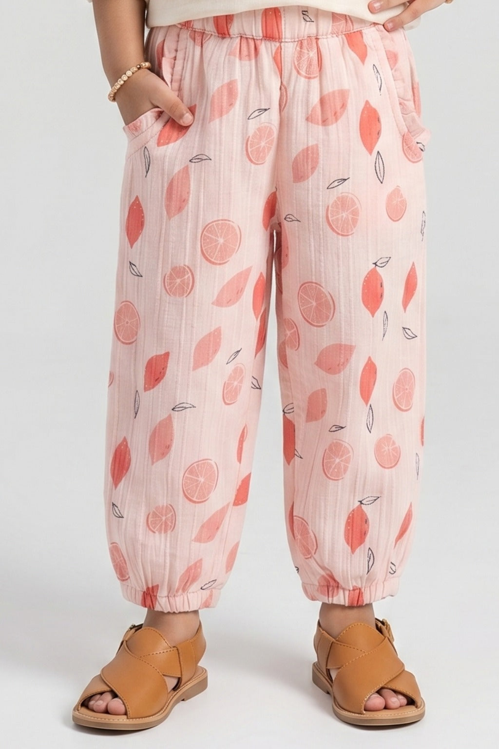 Pink Lemon Print Pocket Pajama For Girls Main image