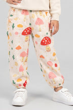 Cream Mashroom Tree Print Pocket Pajama For Girls