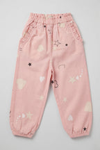 Pink Heart Star Print Pockets Pajama For Girls