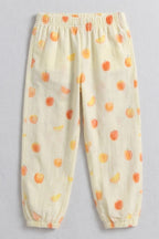 Light Yellow Apple Print Pocket Pajama For Girls