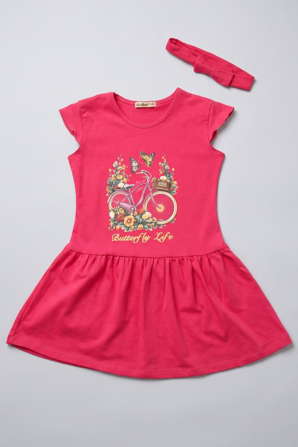 Blush Pink Bicycle Print With Hair Band Frock For Girls Main image