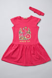 Blush Pink Bicycle Print With Hair Band Frock For Girls