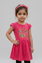 Blush Pink Bicycle Print With Hair Band Frock For Girls