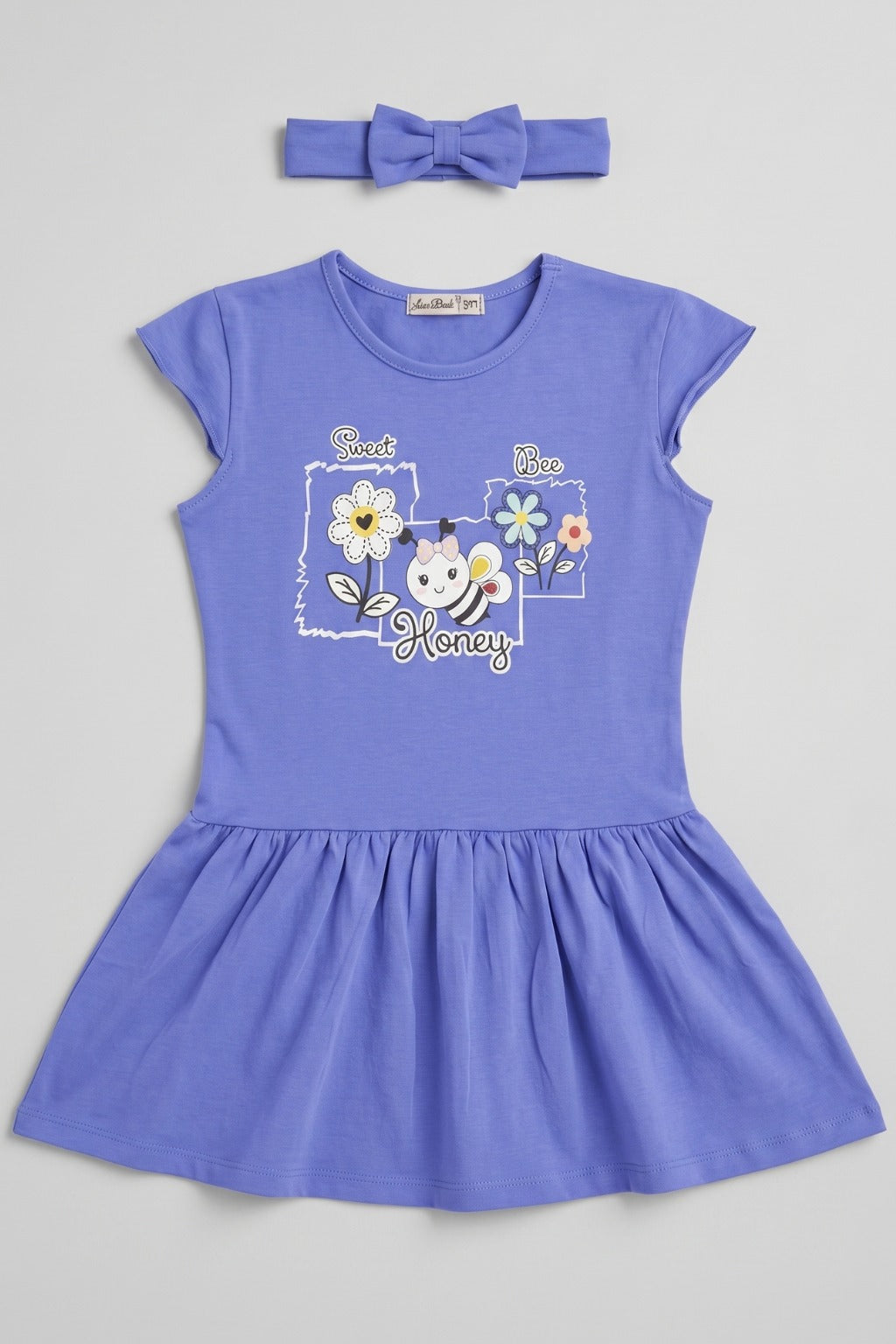 Blue Sweet Bee Print With Hair Band Frock For Girls