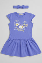 Blue Sweet Bee Print With Hair Band Frock For Girls