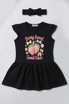 Black Berry Sweet Print With Hair Band Frock For Girls