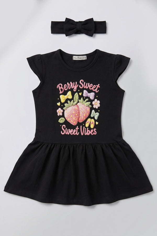 Black Berry Sweet Print With Hair Band Frock For Girls