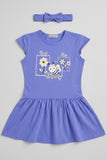 Blue Sweet Bee Print With Hair Band Frock For Girls