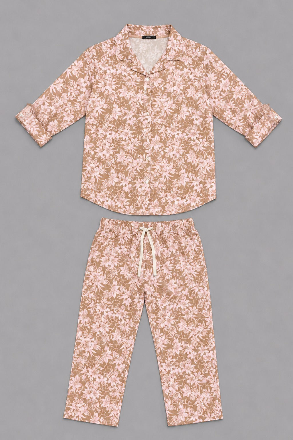Brown Pink Flowers Co-ord Ribbed Fabric Suit For Women Main image