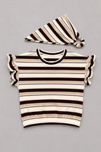 White With Brown Stripe Bib T-shirt Top For Girls