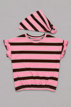Pink With Brown Stripe Bib T-shirt Top For Girls