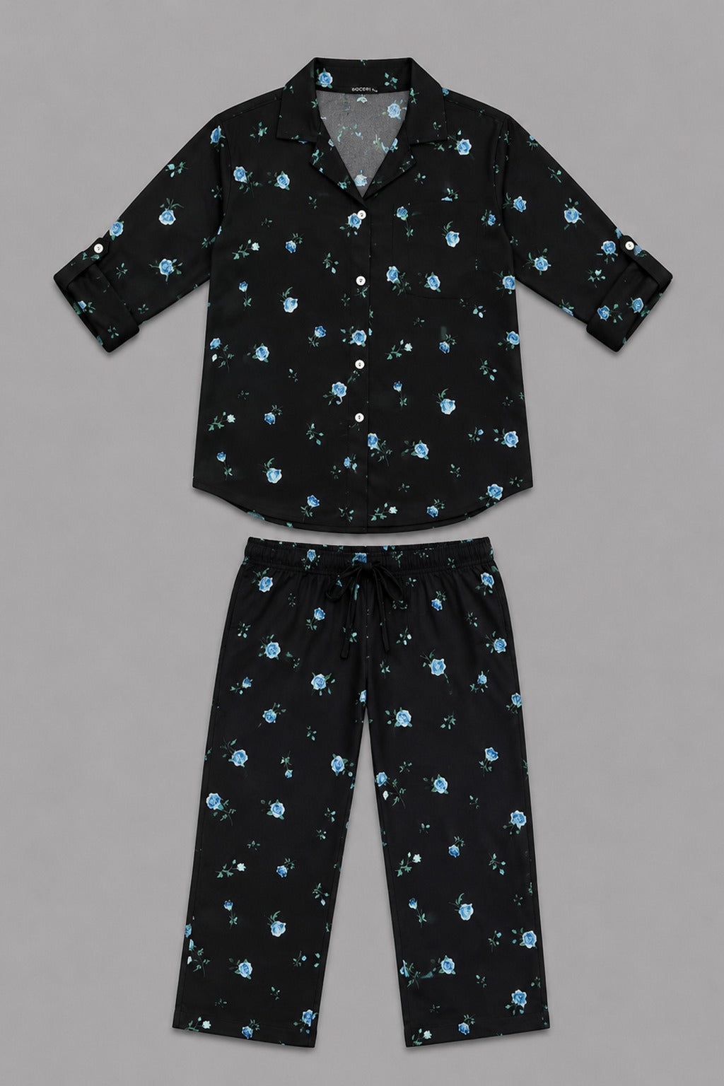 Black Flowers Print Co-ord Ribbed Fabric Suit For Women