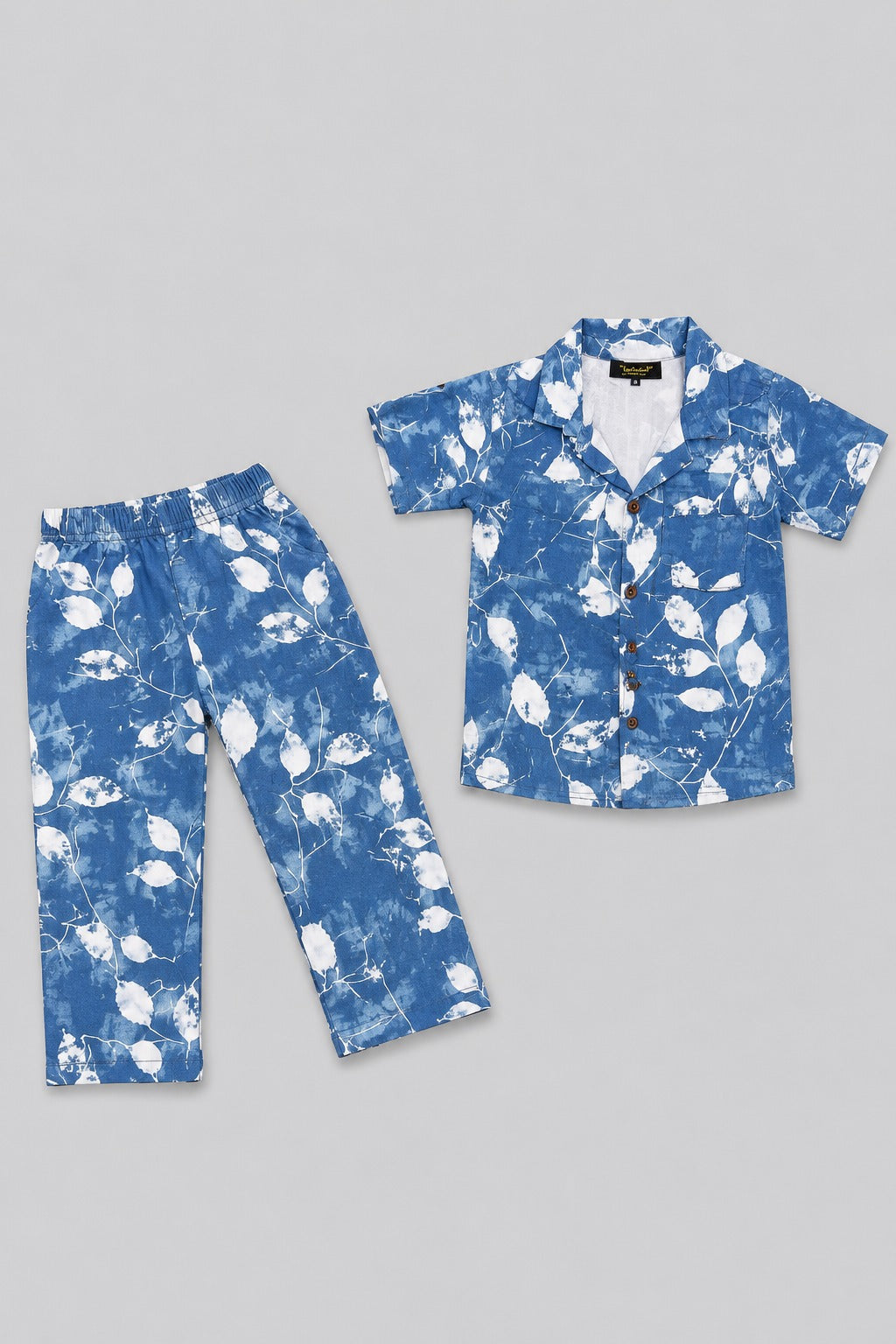 Blue Leaf Print Co-ord Linen Fabric Suit For Girls