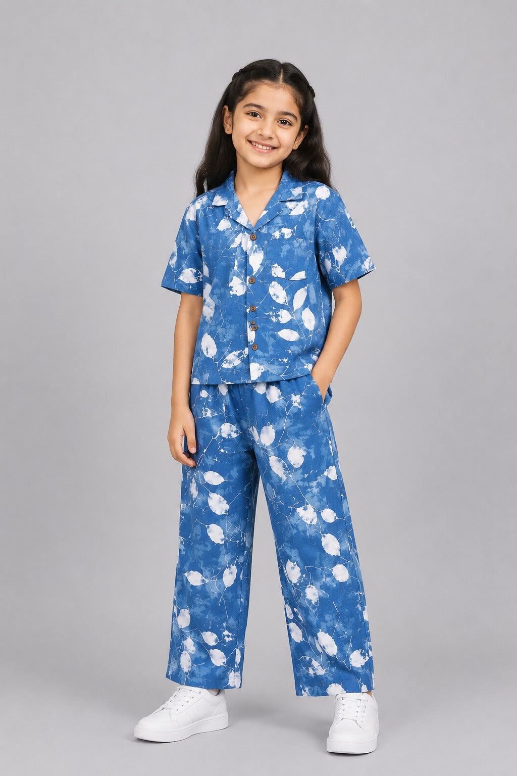 Blue Leaf Print Co-ord Linen Fabric Suit For Girls