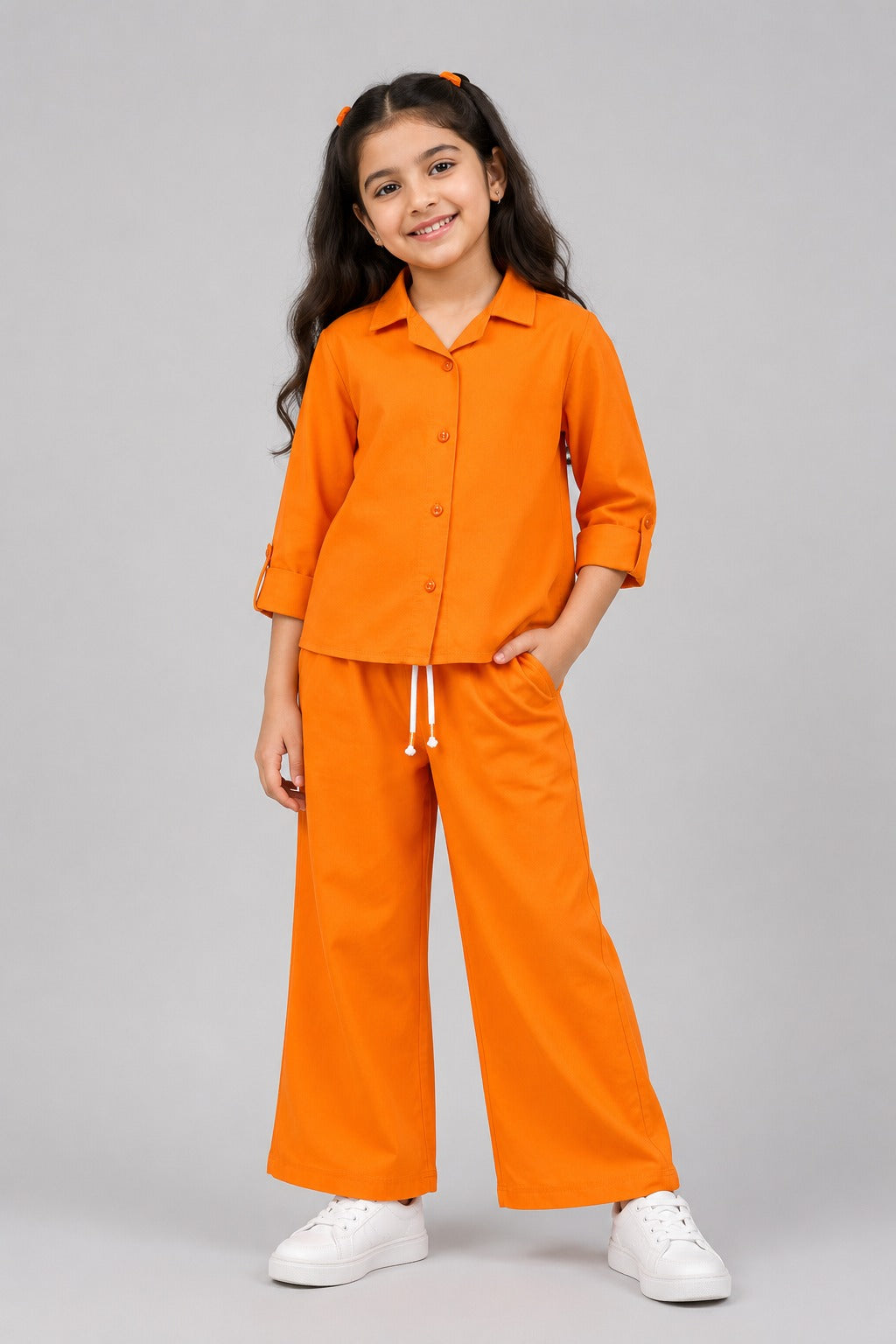 Orange Plain Co-ord Fabric Suit For Girls
