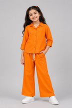 Orange Plain Co-ord Fabric Suit For Girls