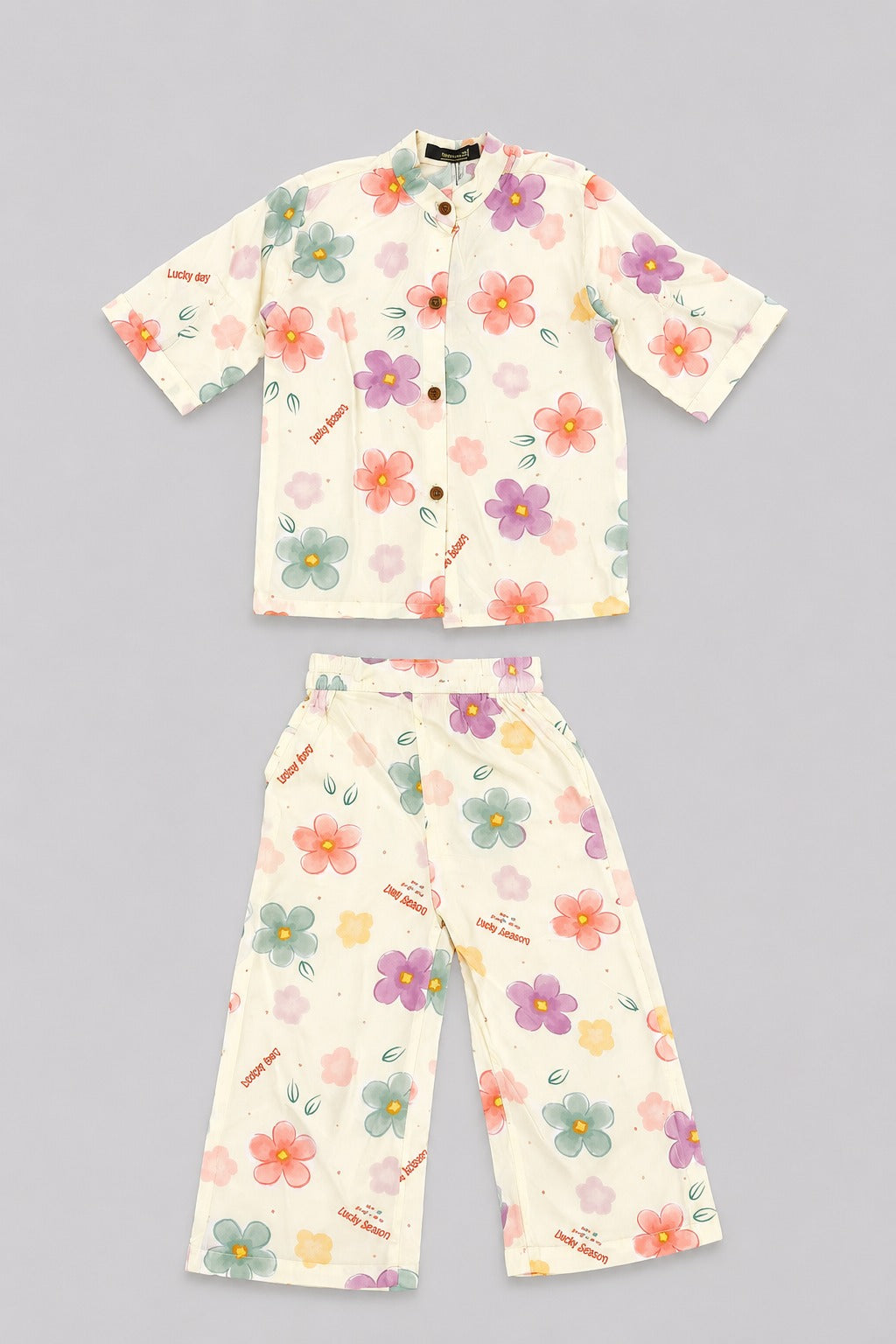 Cream Flower Print Linen Suit For Girls Secondary image