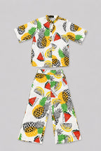 White Pineapple Print Linen Suit For Girls