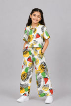 White Pineapple Print Linen Suit For Girls