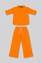 Orange Plain Co-ord Fabric Suit For Girls