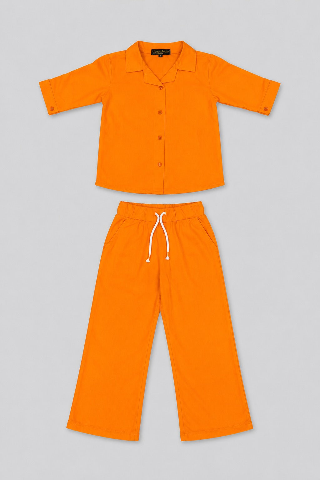 Orange Plain Co-ord Fabric Suit For Girls