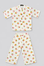 Cream Strawberry Print Linen Suit For Girls