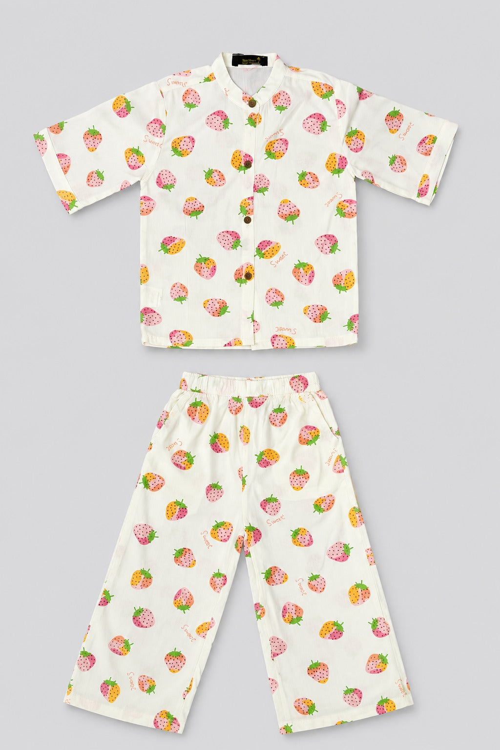 Cream Strawberry Print Linen Suit For Girls