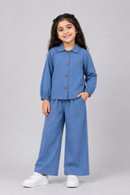 Blue Plain Linen Fabric Suit For Girls