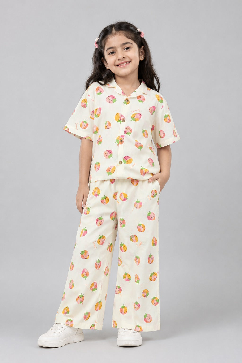 Cream Strawberry Print Linen Suit For Girls
