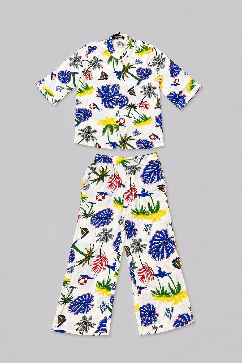 White Tree Print Band Collar Linen Suit For Girls