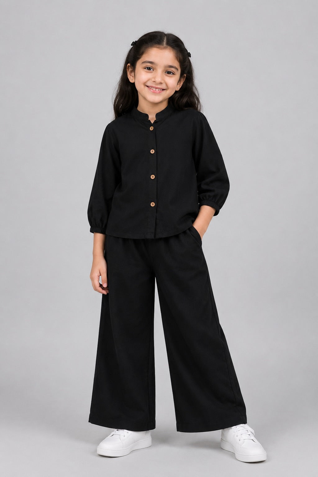 Black Plain Linen Fabric Suit For Girls Secondary image