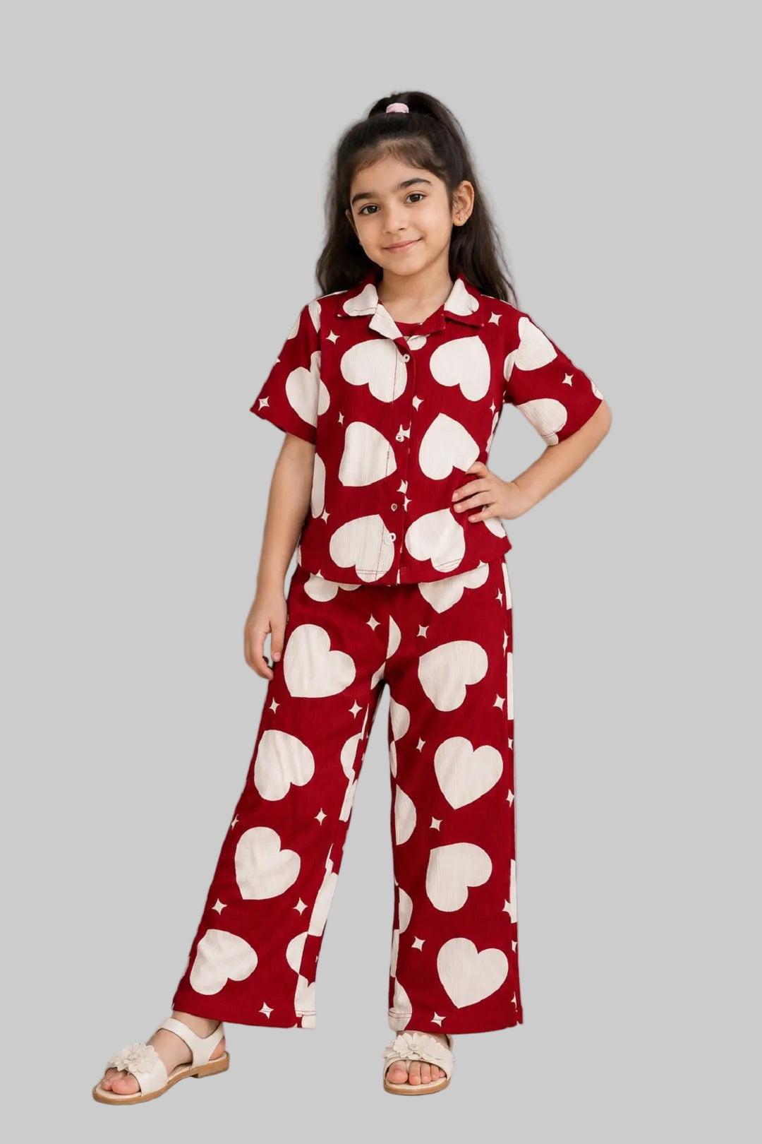 Red Heart Print Co-ord Fabric Suit For Girls