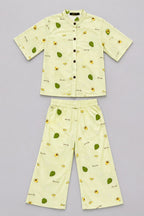 Light Green Avocado Print Linen Suit For Girls