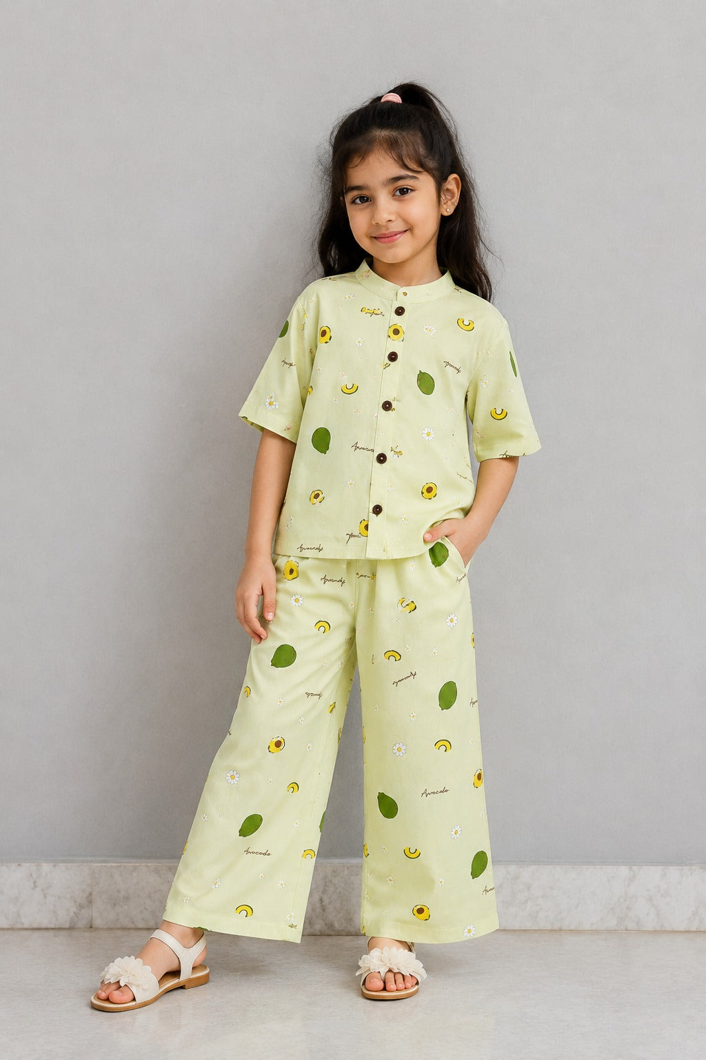Light Green Avocado Print Linen Suit For Girls