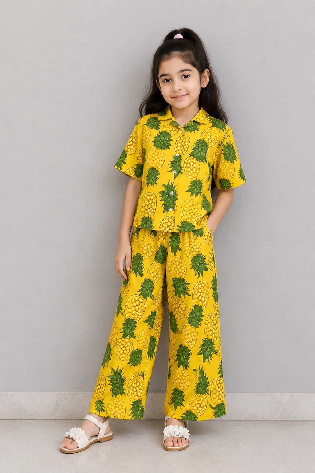 Yellow Pineapple Print Linen Suit For Girls