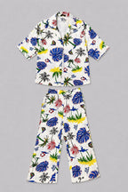 White Tree Print Linen Suit For Girls