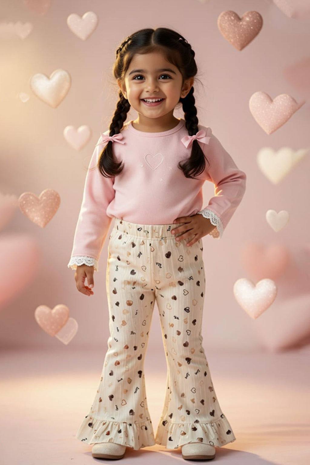Yellow Heart Love Print Flapper Pajama For Girls