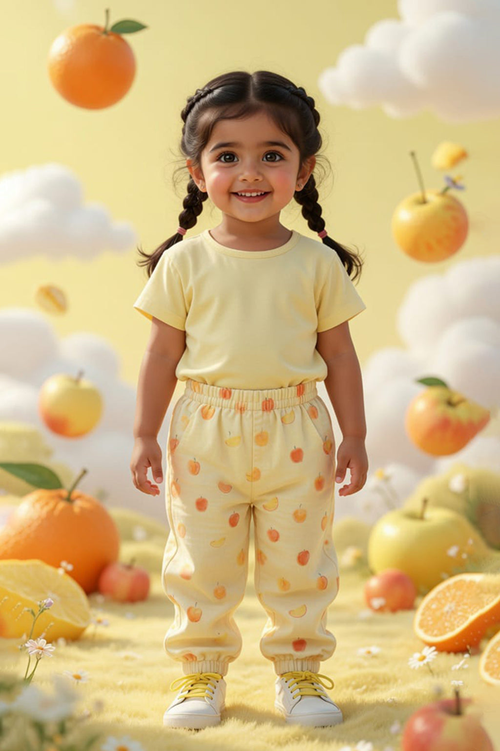Light Yellow Apple Print Pocket Pajama For Girls Main image