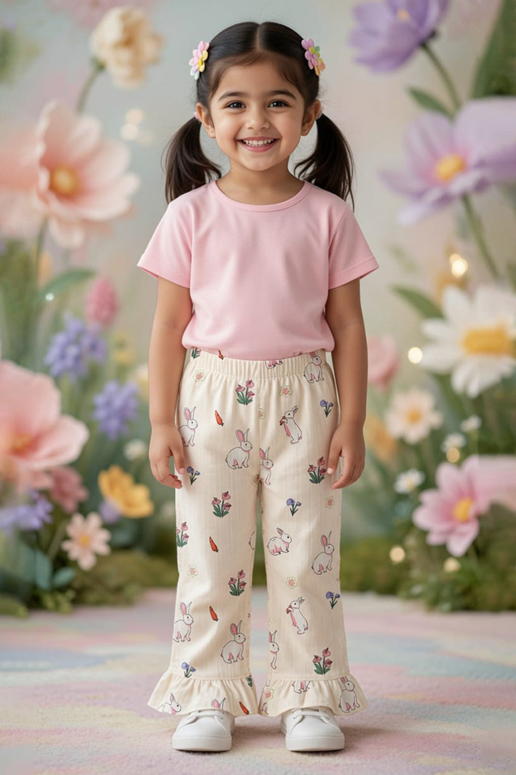 Cream Rabbit Print Flapper For Girls