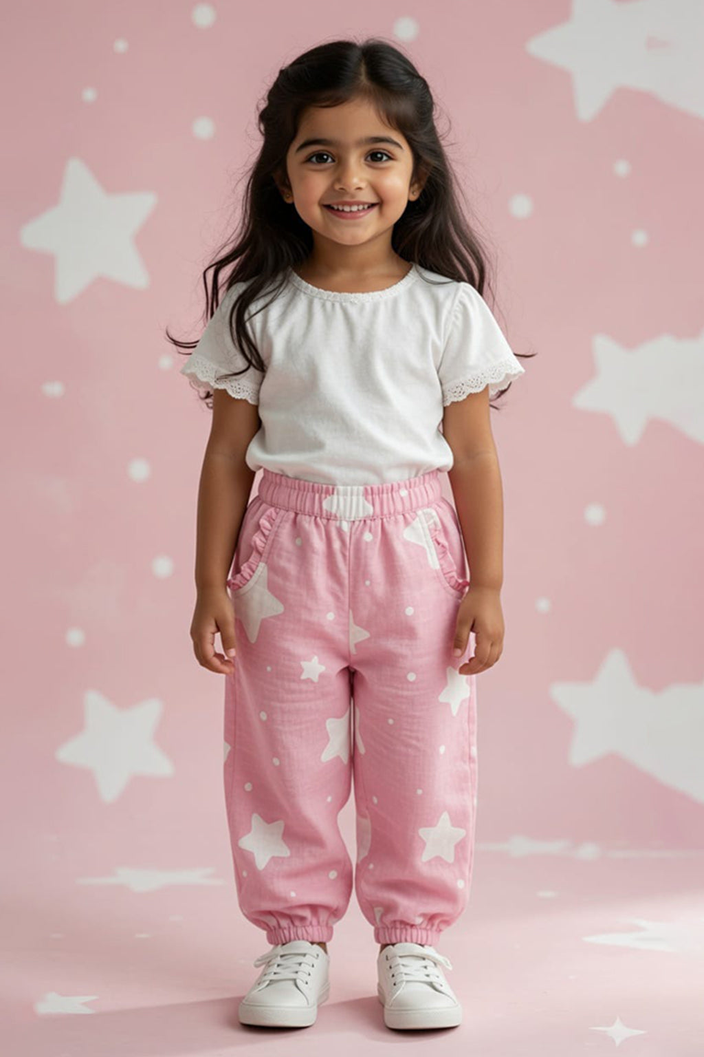 Pink Star Print Pocket Pajama For Girls
