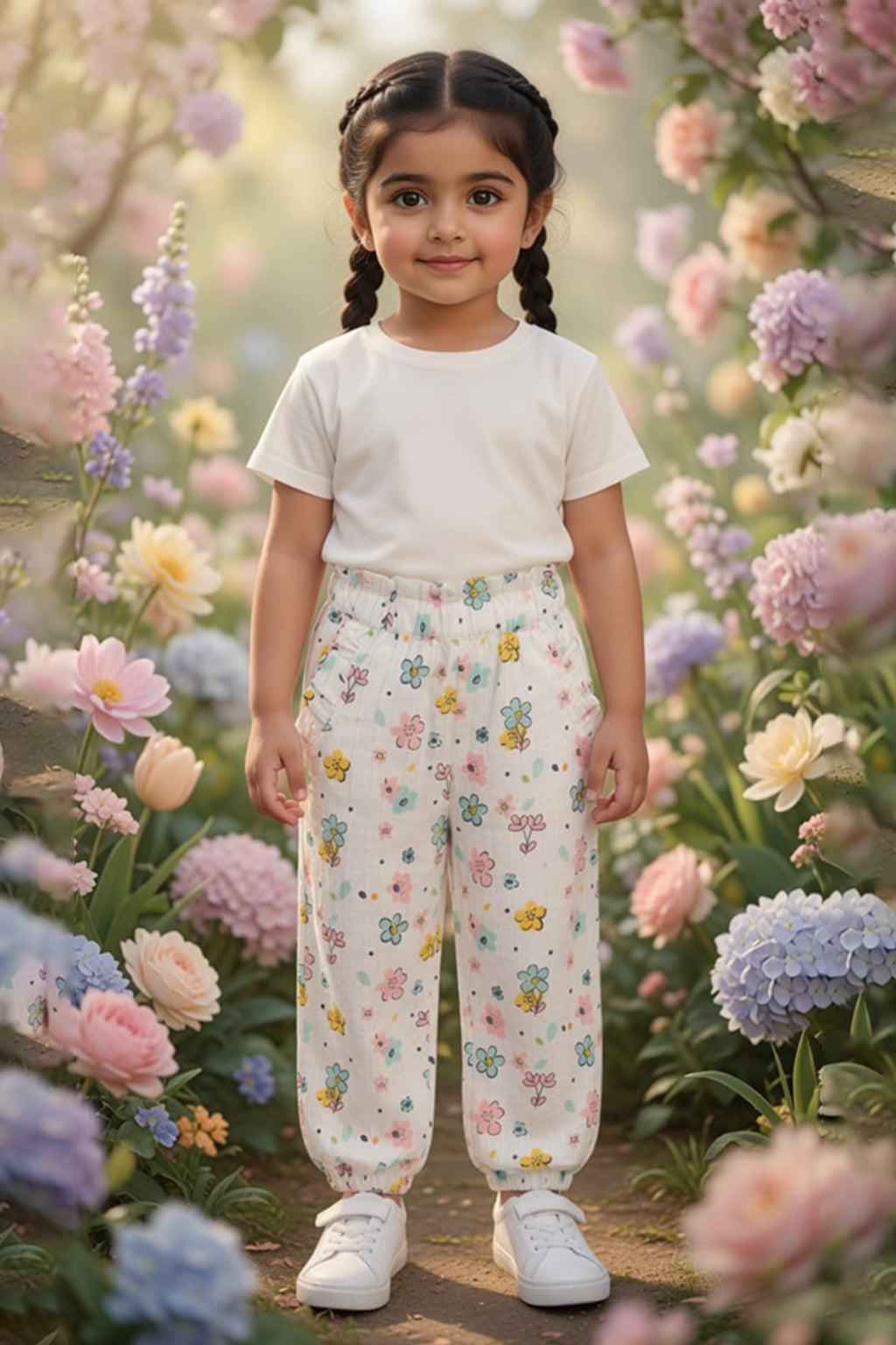 White Flowers Print Pocket Pajama For Girls Main image