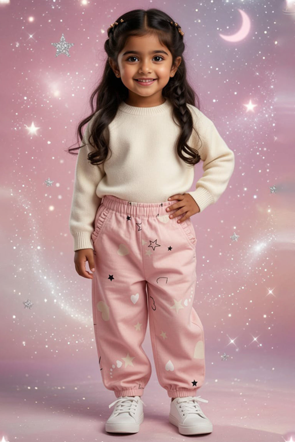 Pink Heart Star Print Pockets Pajama For Girls