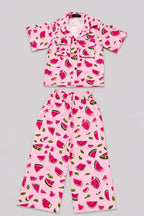 Pink Watermelon Print Linen Suit For Girls