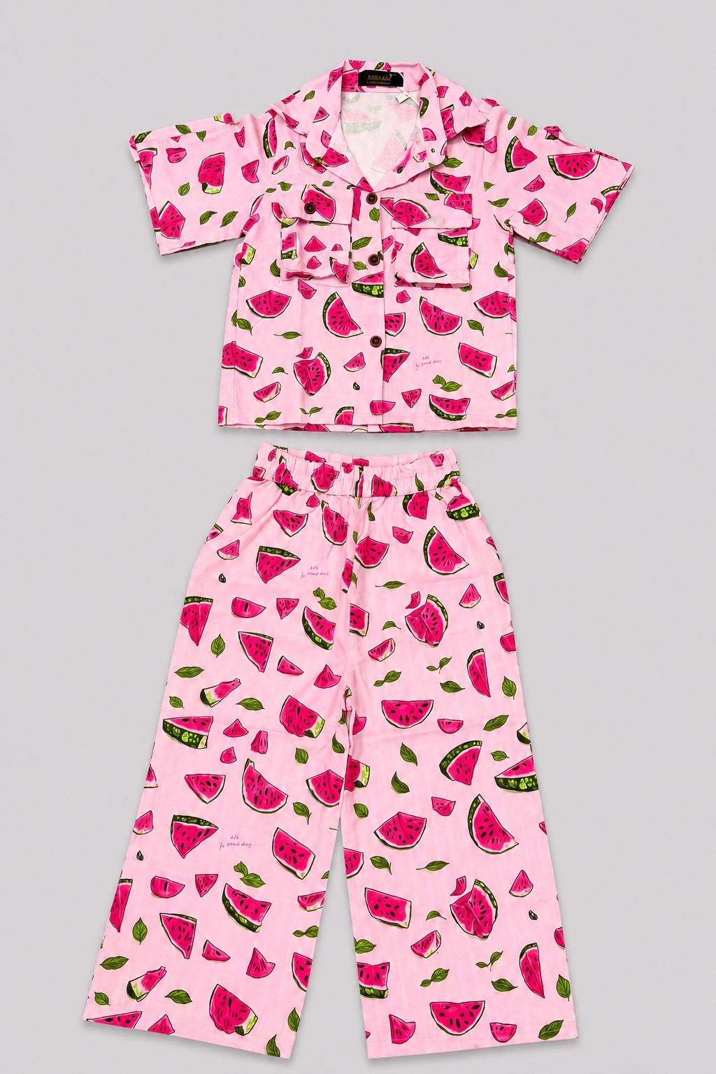 Pink Watermelon Print Linen Suit For Girls